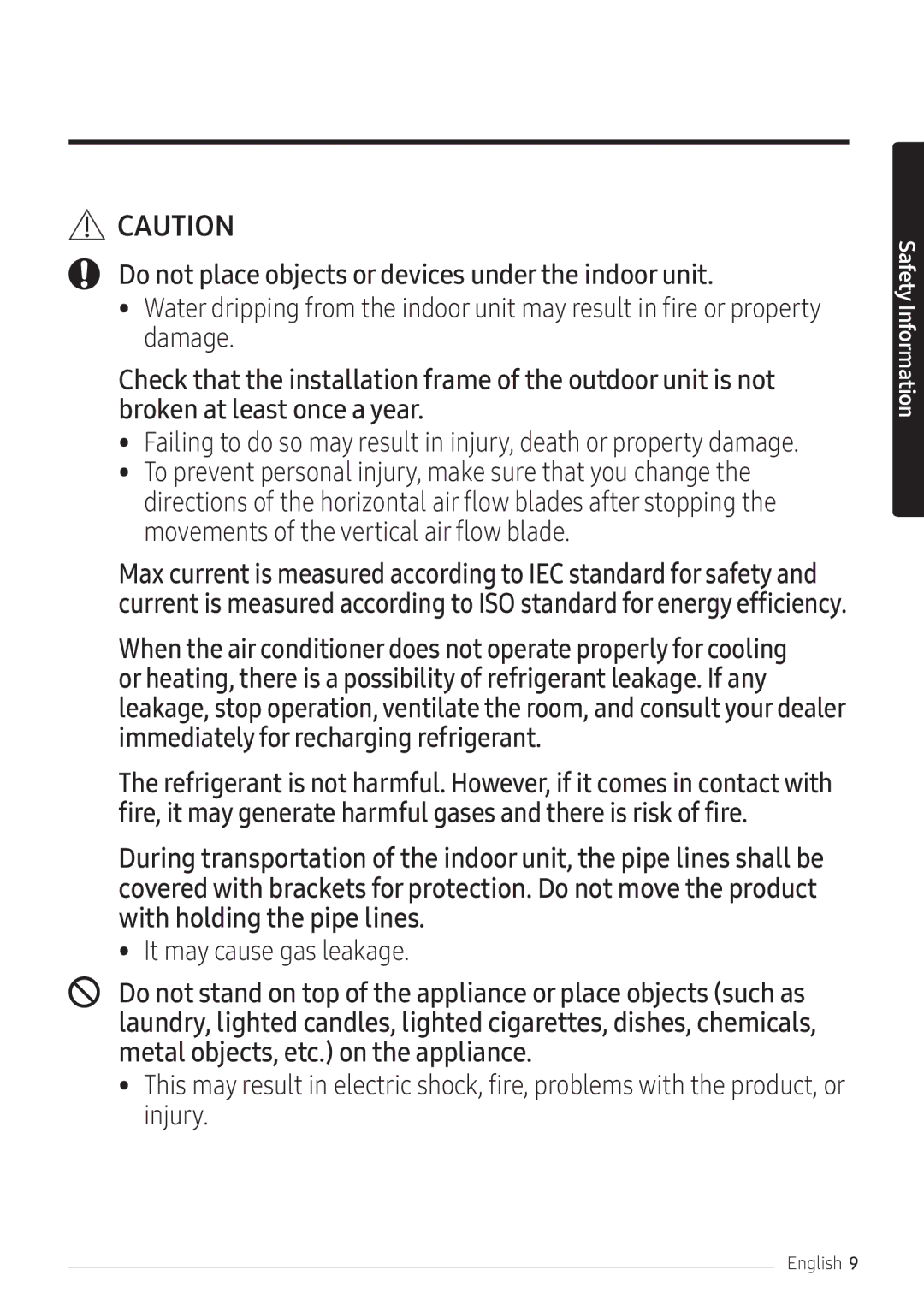 Samsung AR12NXFPEWQNEU, AR09NXFPEWQNEU, AR07NXFPEWQNEU manual Do not place objects or devices under the indoor unit 