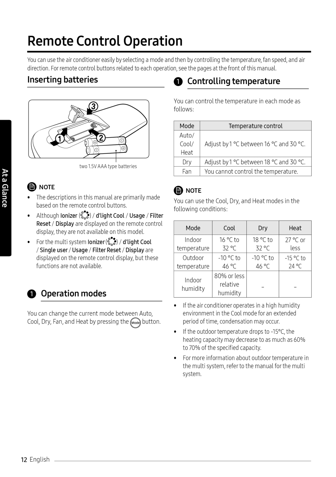 Samsung AR12NXFPEWQNEU manual Remote Control Operation, Inserting batteries Controlling temperature, Operation modes 