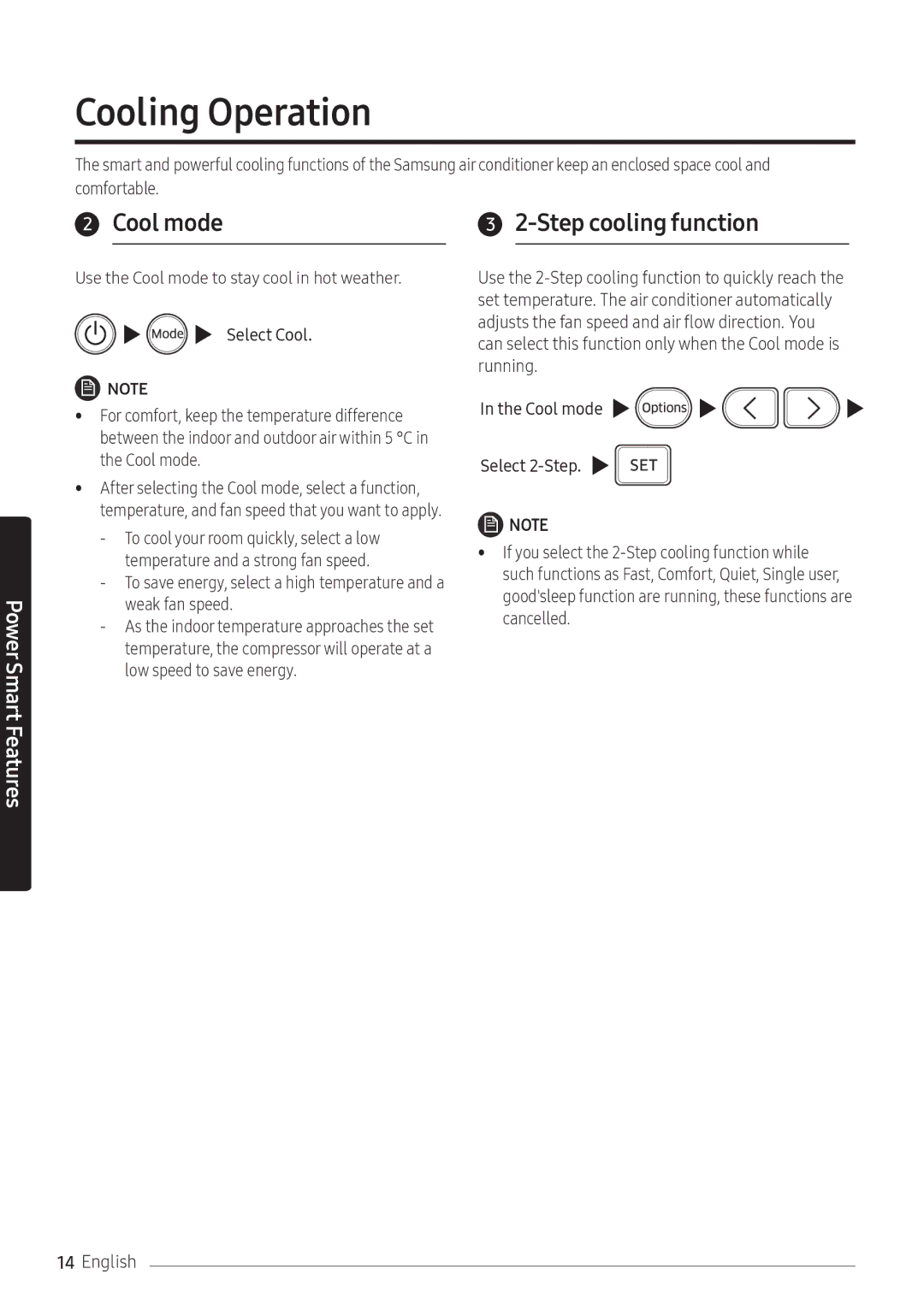 Samsung AR09NXFPEWQNEU, AR12NXFPEWQNEU, AR07NXFPEWQNEU manual Cooling Operation, Cool mode, Step cooling function 