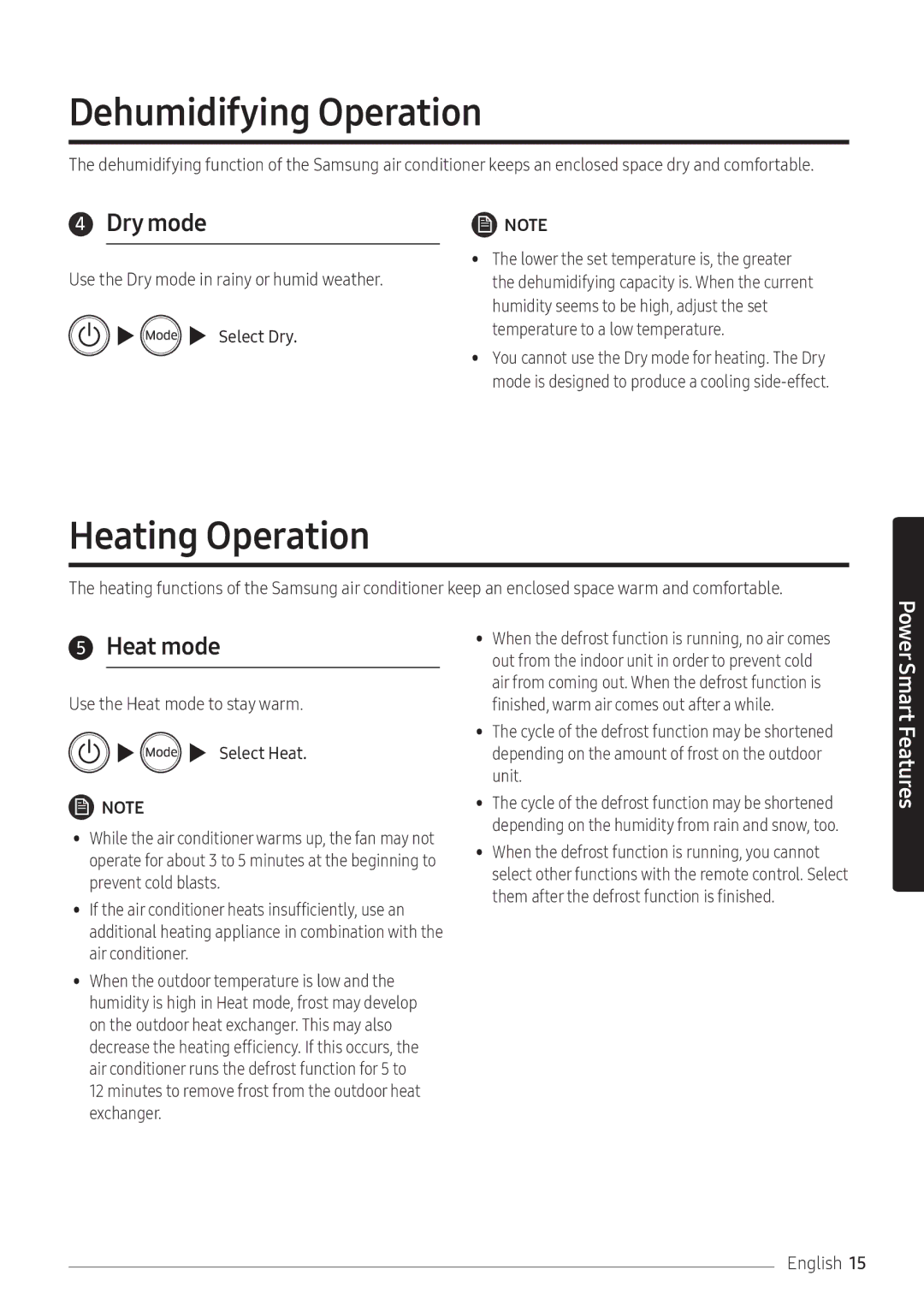 Samsung AR12NXFPEWQNEU, AR09NXFPEWQNEU, AR07NXFPEWQNEU manual Dehumidifying Operation, Heating Operation, Dry mode, Heat mode 