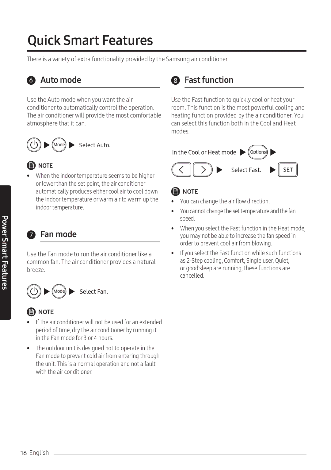 Samsung AR07NXFPEWQNEU, AR09NXFPEWQNEU, AR12NXFPEWQNEU manual Quick Smart Features, Auto mode, Fan mode, Fast function 