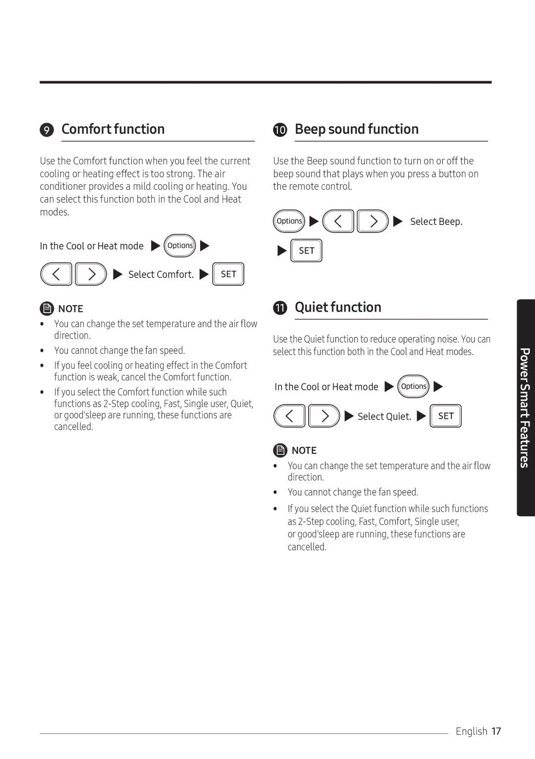 Samsung AR09NXFPEWQNEU, AR12NXFPEWQNEU, AR07NXFPEWQNEU manual Comfort function, Beep sound function, Quiet function 