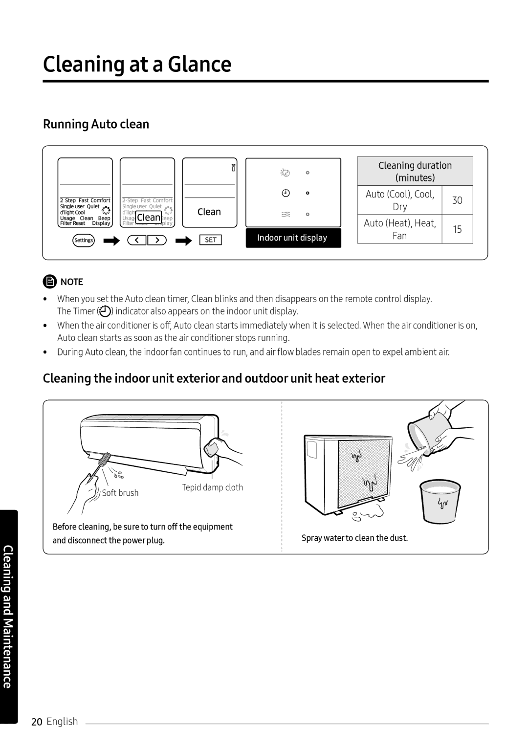 Samsung AR09NXFPEWQNEU, AR12NXFPEWQNEU, AR07NXFPEWQNEU manual Cleaning at a Glance, Cleaning duration Minutes 