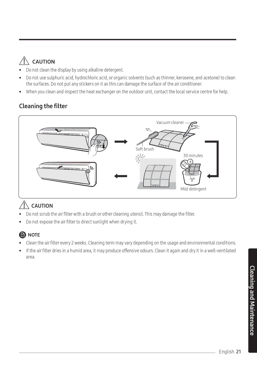 Samsung AR12NXFPEWQNEU, AR09NXFPEWQNEU manual Cleaning the filter, Do not clean the display by using alkaline detergent 