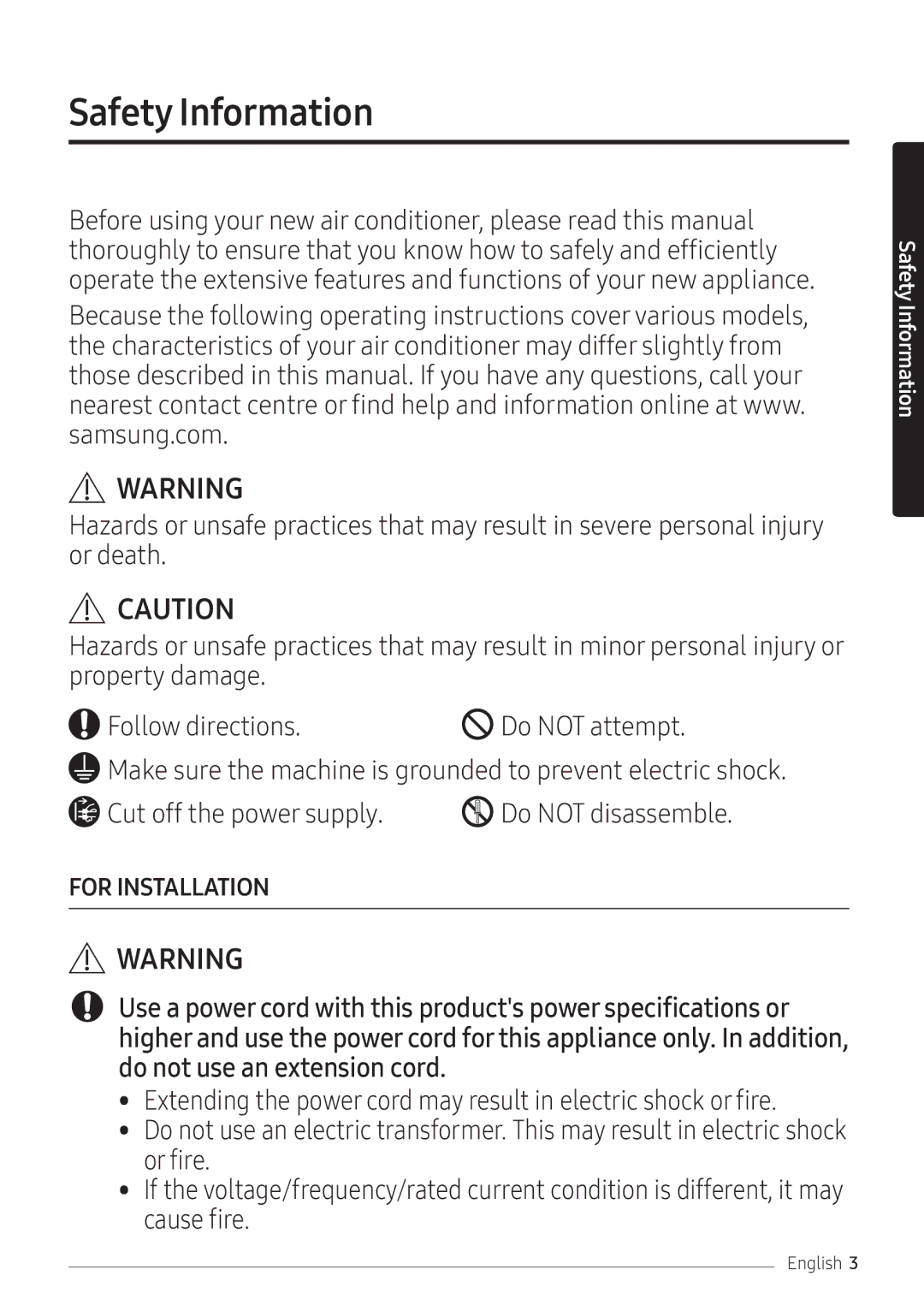 Samsung AR12NXFPEWQNEU, AR09NXFPEWQNEU, AR07NXFPEWQNEU manual Safety Information 