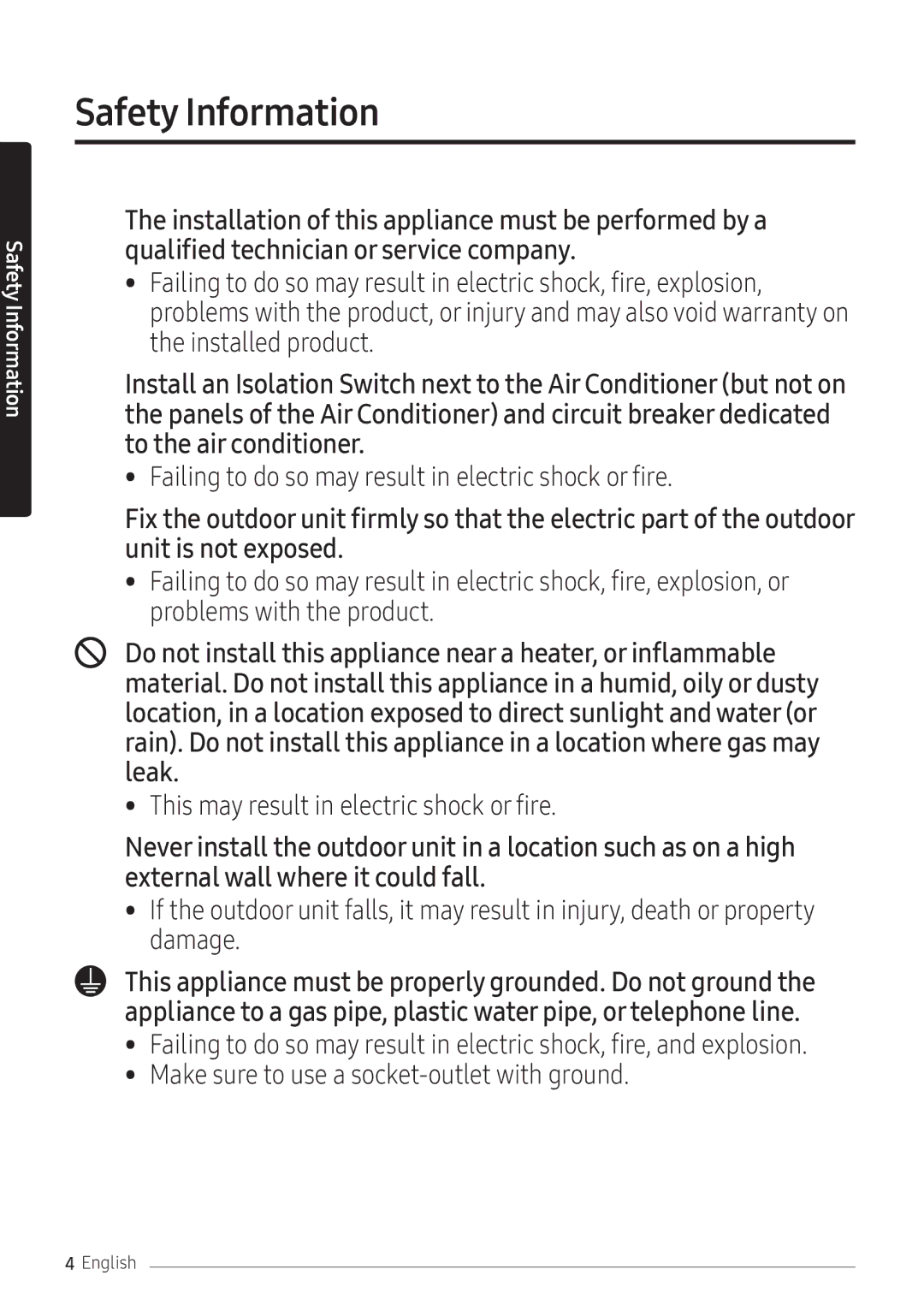 Samsung AR07NXFPEWQNEU, AR09NXFPEWQNEU, AR12NXFPEWQNEU manual Failing to do so may result in electric shock or fire 