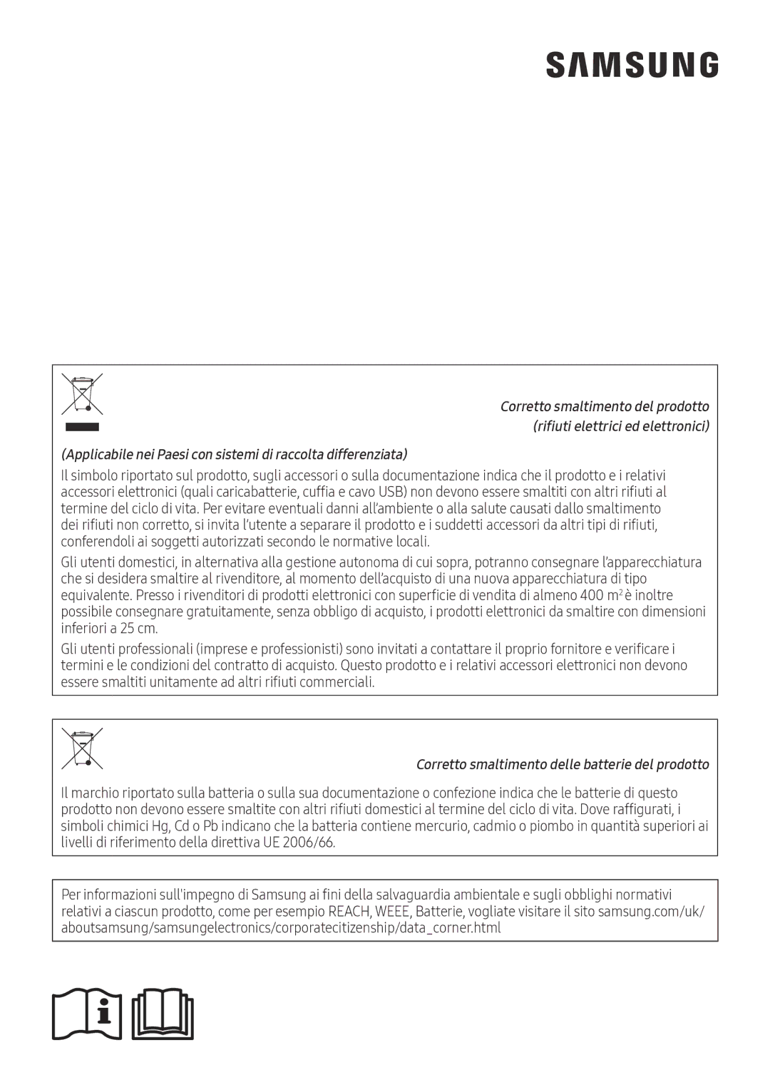 Samsung AR12NXFPEWQNEU, AR09NXFPEWQNEU, AR07NXFPEWQNEU manual Corretto smaltimento delle batterie del prodotto 