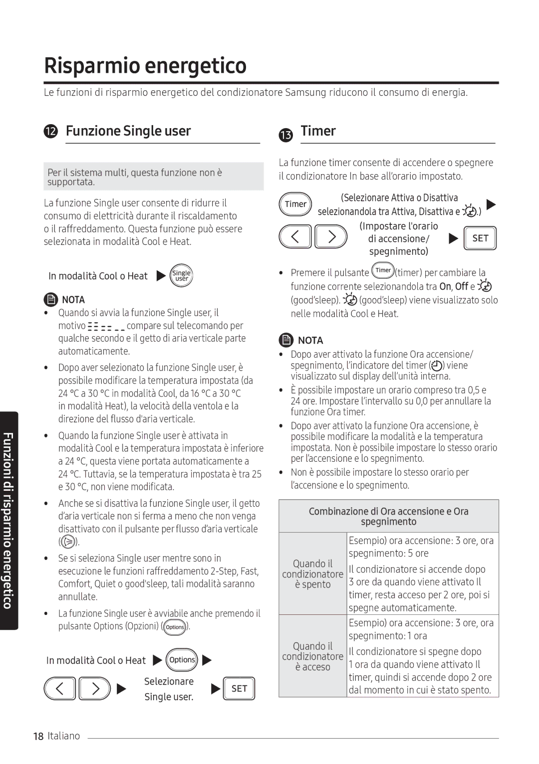 Samsung AR12NXFPEWQNEU, AR09NXFPEWQNEU, AR07NXFPEWQNEU manual Risparmio energetico, Funzione Single user, Timer 