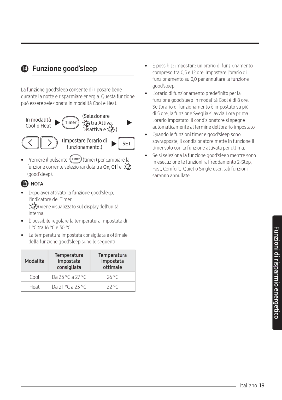 Samsung AR07NXFPEWQNEU, AR09NXFPEWQNEU, AR12NXFPEWQNEU manual Funzione good’sleep, Cool o Heat, Disattiva e 