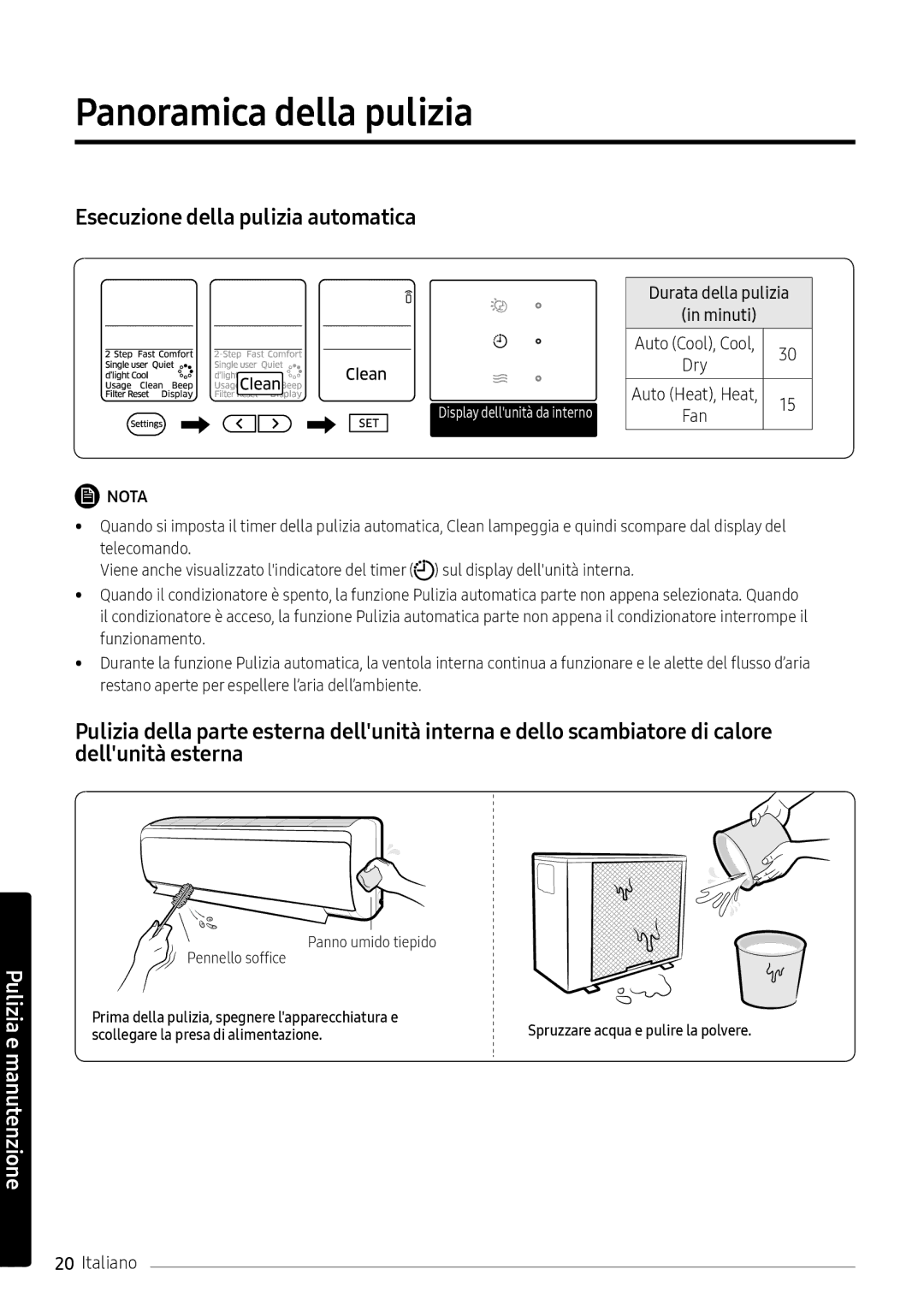 Samsung AR09NXFPEWQNEU, AR12NXFPEWQNEU, AR07NXFPEWQNEU manual Panoramica della pulizia, Durata della pulizia Minuti 