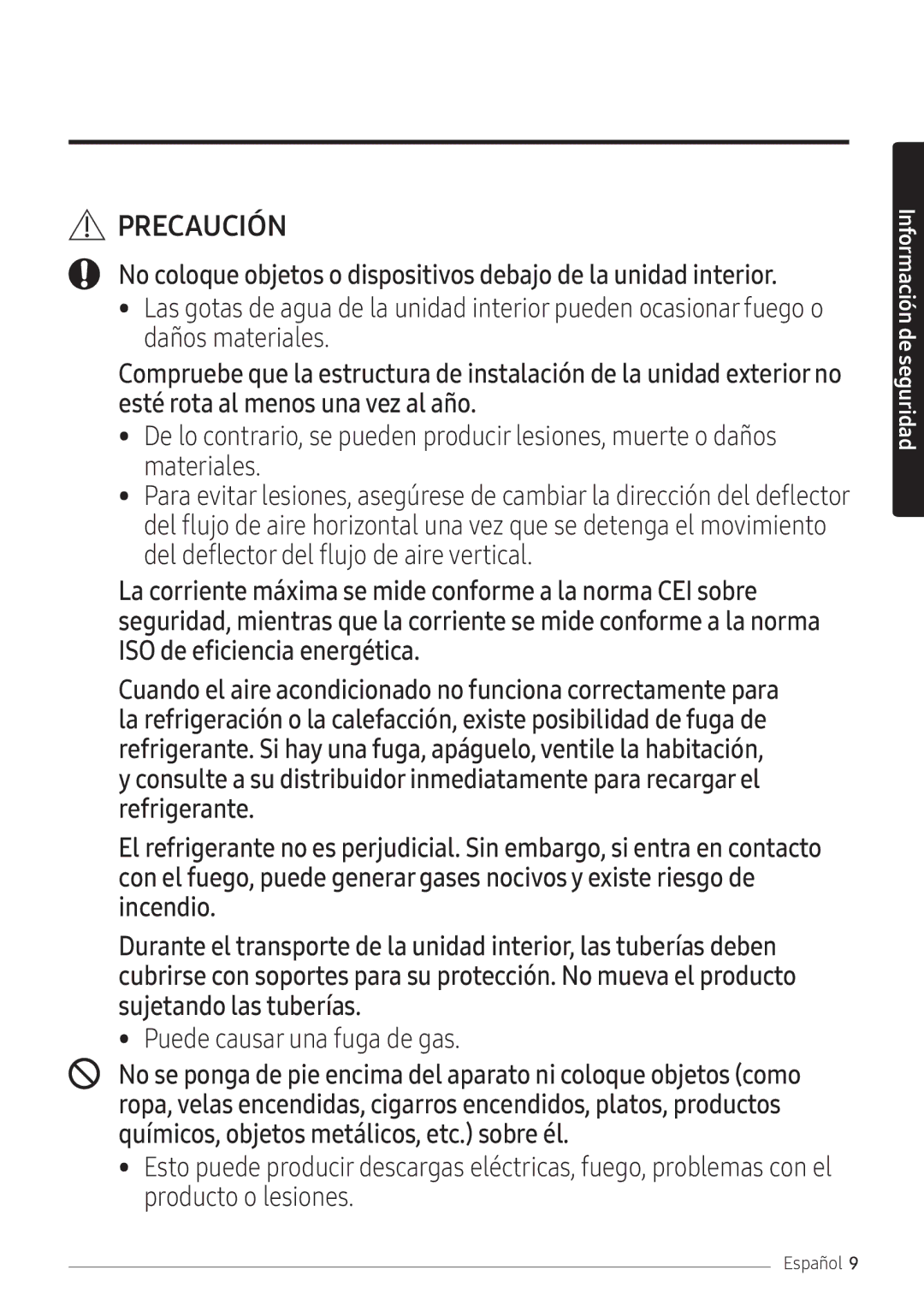 Samsung AR12NXFPEWQNEU, AR09NXFPEWQNEU, AR07NXFPEWQNEU manual Puede causar una fuga de gas 