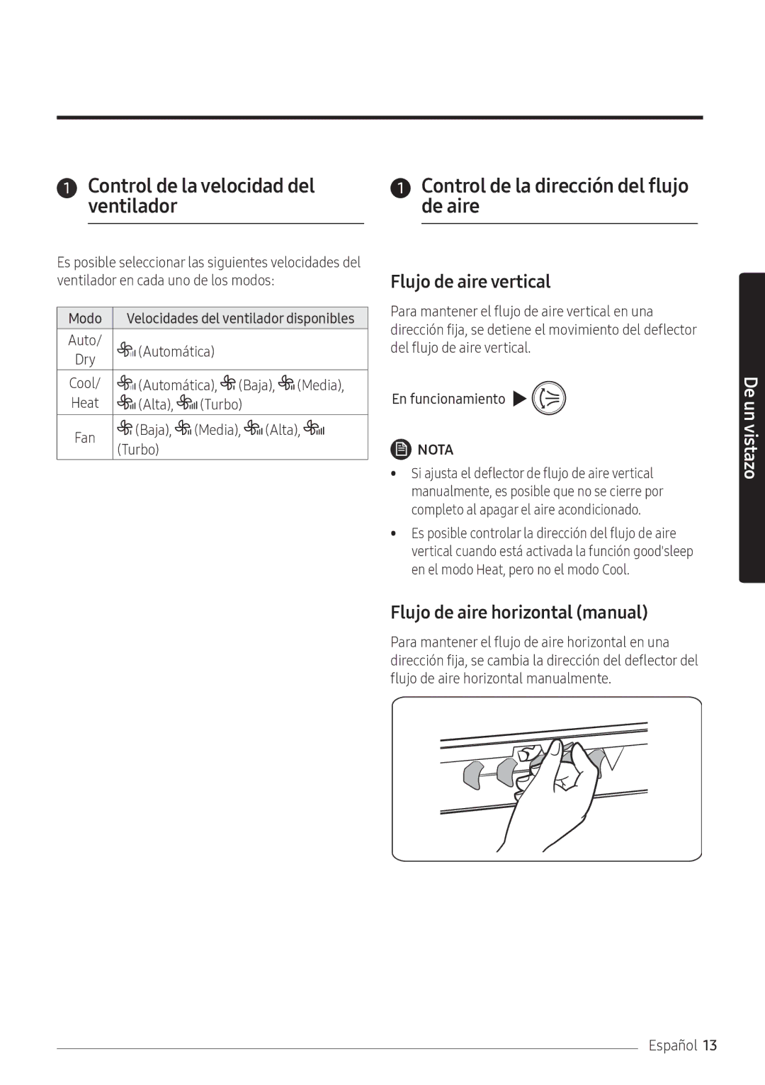 Samsung AR07NXFPEWQNEU, AR09NXFPEWQNEU Control de la velocidad del ventilador, Control de la dirección del flujo de aire 