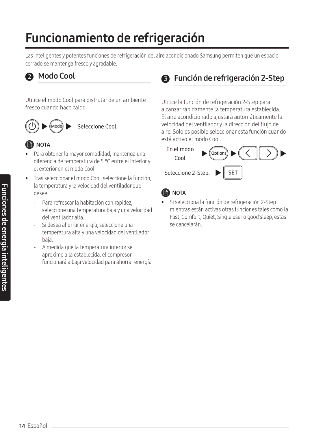 Samsung AR09NXFPEWQNEU, AR12NXFPEWQNEU manual Funcionamiento de refrigeración, Modo Cool, Seleccione Cool, Seleccione 2-Step 