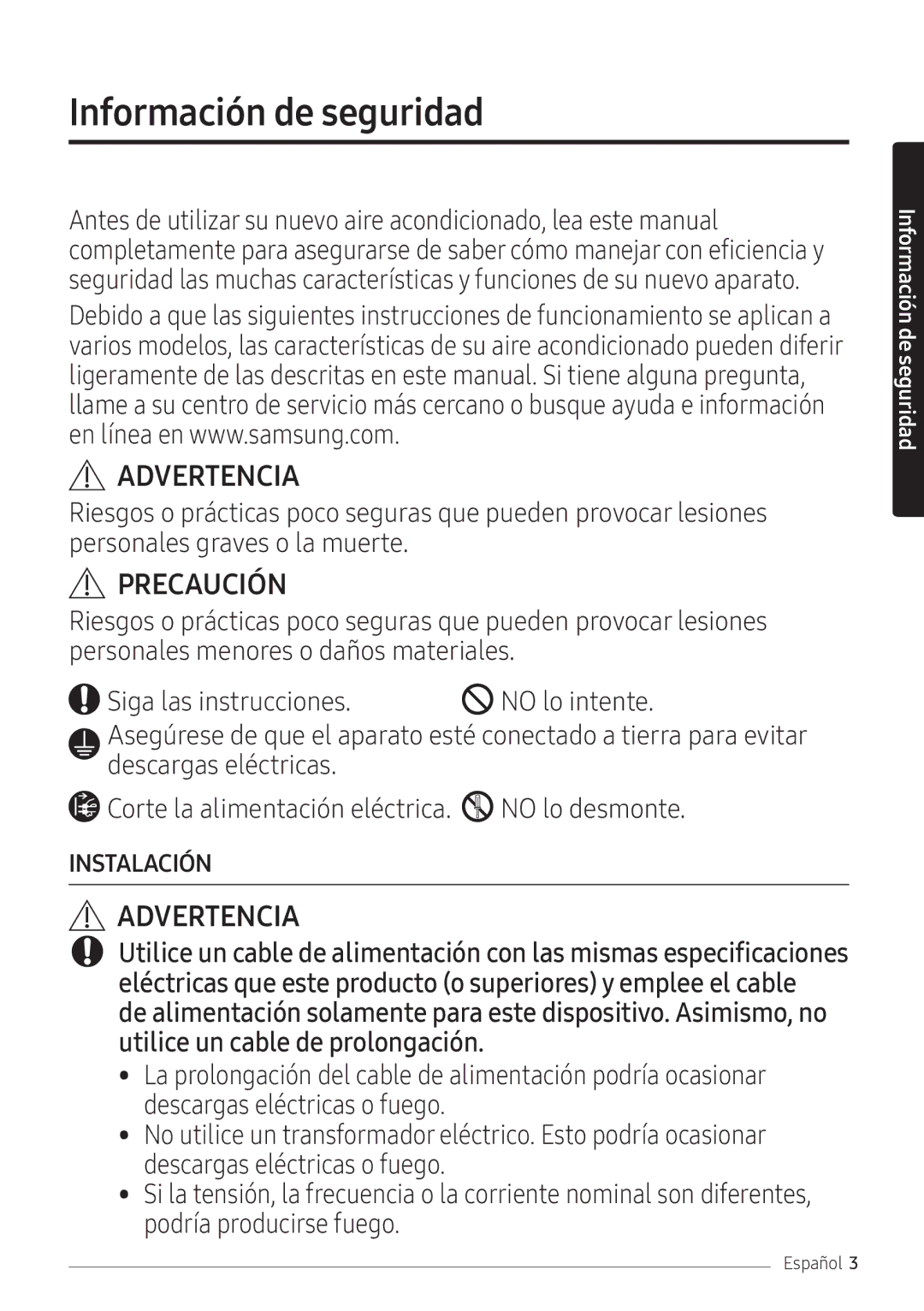 Samsung AR12NXFPEWQNEU, AR09NXFPEWQNEU, AR07NXFPEWQNEU manual Información de seguridad, Advertencia 