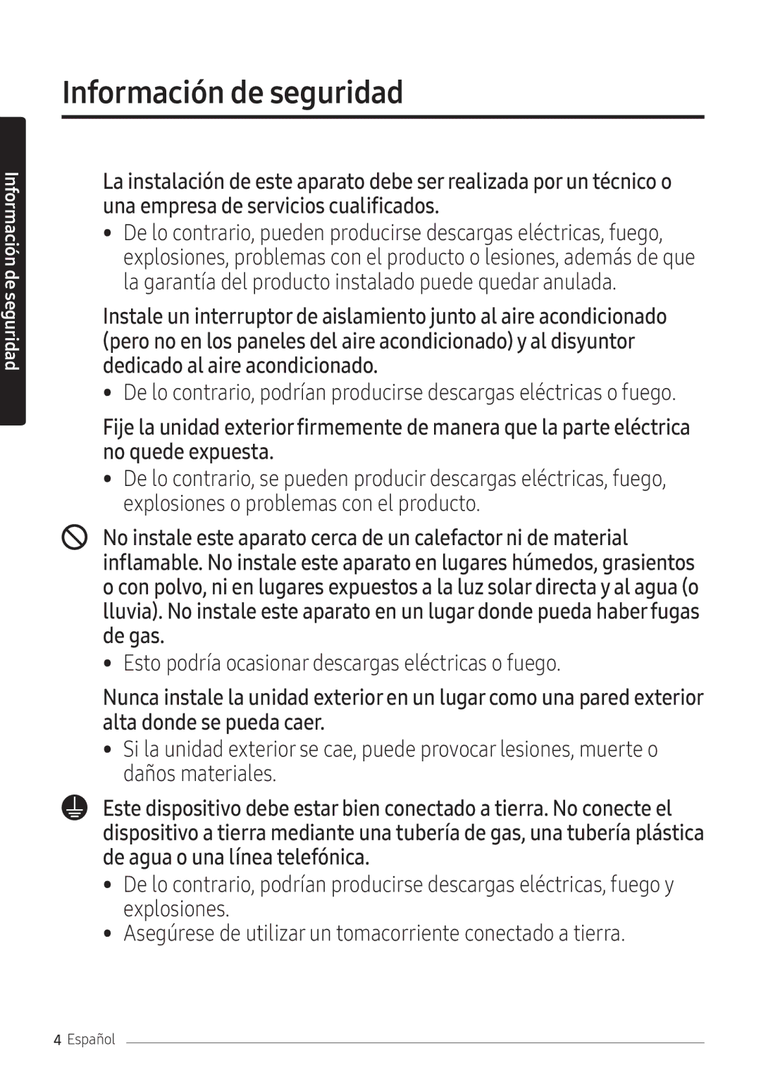 Samsung AR07NXFPEWQNEU, AR09NXFPEWQNEU, AR12NXFPEWQNEU manual Esto podría ocasionar descargas eléctricas o fuego 