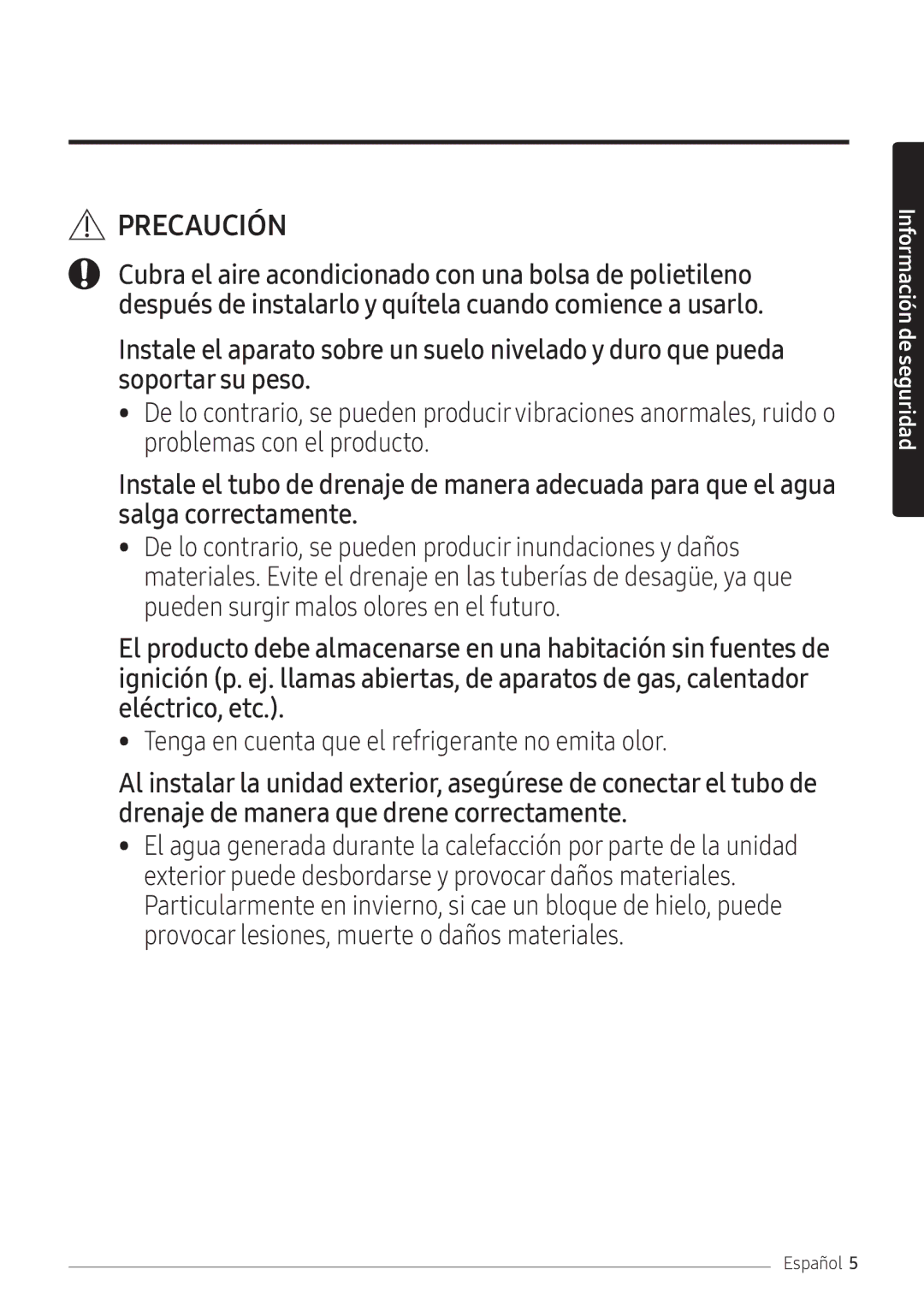 Samsung AR09NXFPEWQNEU, AR12NXFPEWQNEU, AR07NXFPEWQNEU manual Tenga en cuenta que el refrigerante no emita olor 