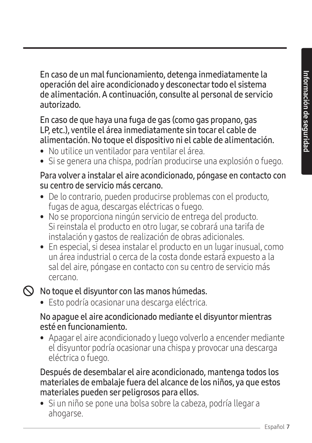 Samsung AR07NXFPEWQNEU, AR09NXFPEWQNEU, AR12NXFPEWQNEU manual No toque el disyuntor con las manos húmedas 