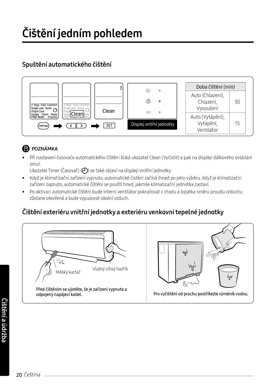 Samsung AR09NXFPEWQNEU, AR12NXFPEWQNEU, AR07NXFPEWQNEU Čištění jedním pohledem, Doba čištění min Auto Chlazení, 20 Čeština 