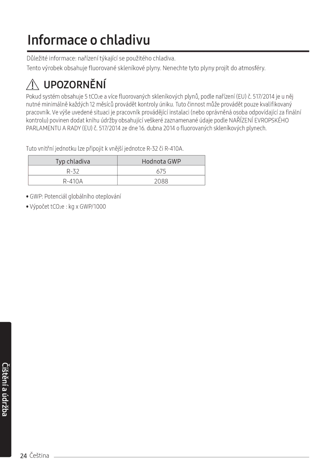 Samsung AR12NXFPEWQNEU, AR09NXFPEWQNEU, AR07NXFPEWQNEU manual Informace o chladivu, 2088, 24 Čeština 