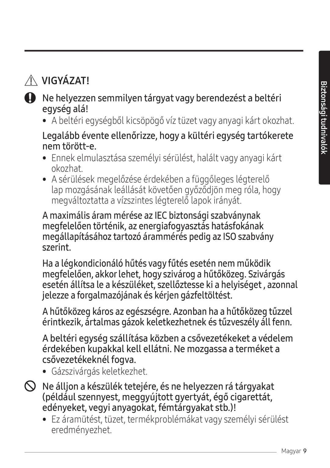 Samsung AR12NXFPEWQNEU, AR09NXFPEWQNEU, AR07NXFPEWQNEU manual Gázszivárgás keletkezhet 