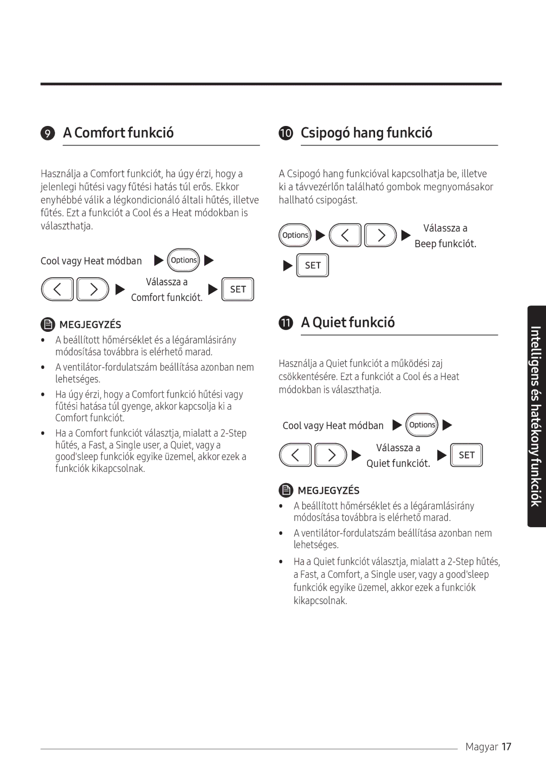 Samsung AR09NXFPEWQNEU, AR12NXFPEWQNEU manual Választhatja, Cool vagy Heat módban Válassza a Quiet funkciót 