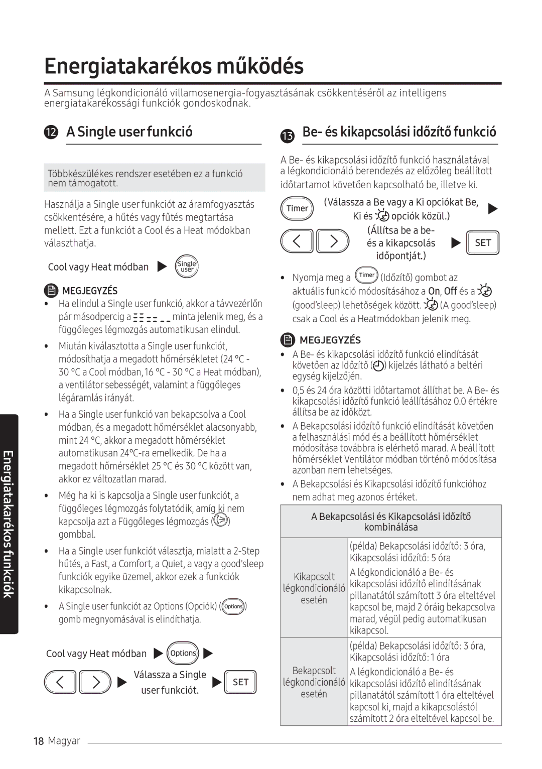 Samsung AR12NXFPEWQNEU, AR09NXFPEWQNEU Energiatakarékos működés, Single user funkció, Be- és kikapcsolási időzítő funkció 