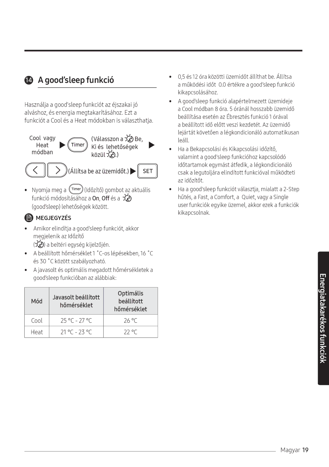 Samsung AR07NXFPEWQNEU, AR09NXFPEWQNEU, AR12NXFPEWQNEU manual Good’sleep funkció, Válasszon a Heat Ki és lehetőségek, Cool 