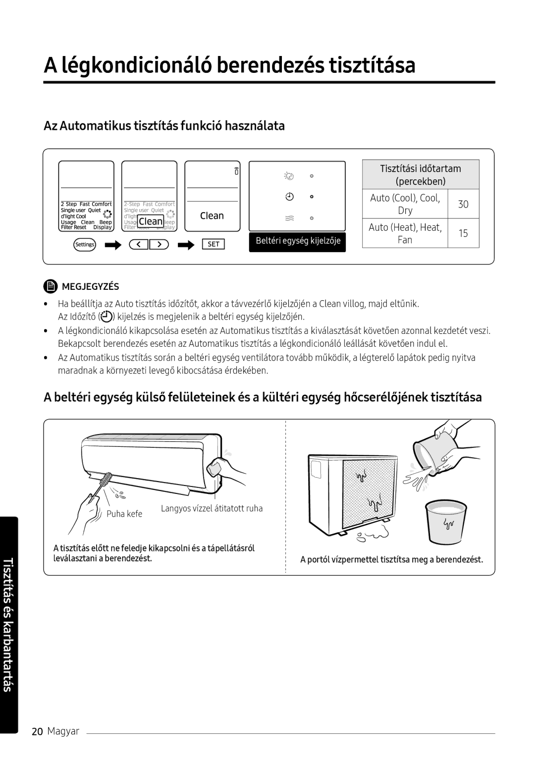 Samsung AR09NXFPEWQNEU, AR12NXFPEWQNEU manual Légkondicionáló berendezés tisztítása, Tisztítási időtartam Percekben 