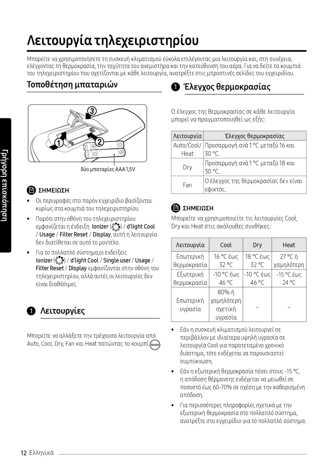 Samsung AR12NXFPEWQNEU, AR09NXFPEWQNEU Λειτουργία τηλεχειριστηρίου, Τοποθέτηση μπαταριών Έλεγχος θερμοκρασίας, Λειτουργίες 