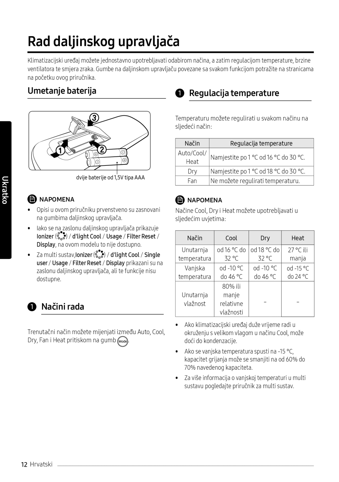 Samsung AR12NXFPEWQNEU, AR09NXFPEWQNEU Rad daljinskog upravljača, Umetanje baterija Regulacija temperature, Načini rada 