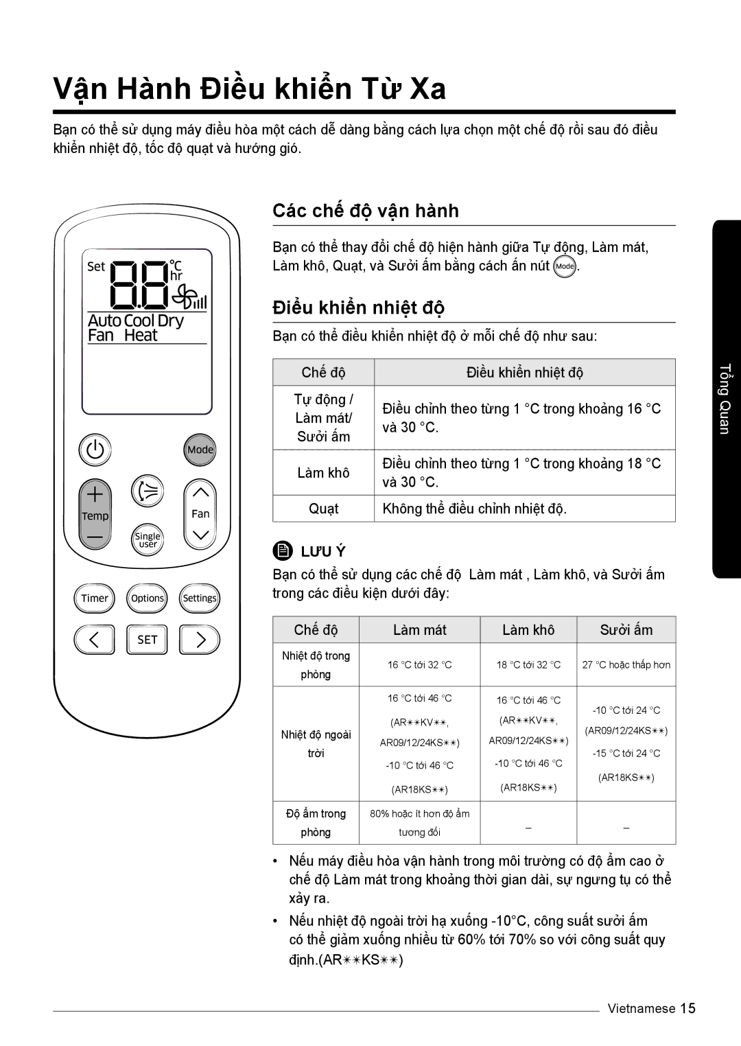Samsung AR09KSFNJWKNSV, AR10KVFSCURNSV, AR13KVFSBWKNSV Vận Hành Điều khiển Từ Xa, Các chế độ vận hành, Điểu khiển nhiệt độ 