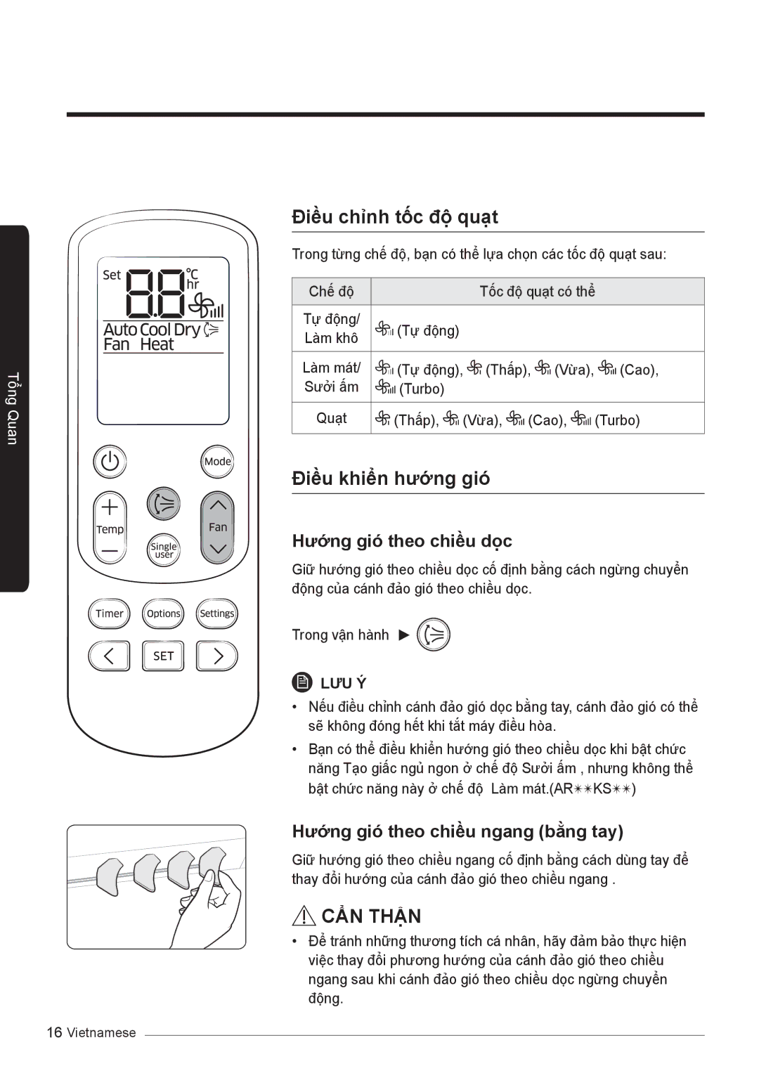 Samsung AR10KVFSBWKNSV, AR10KVFSCURNSV, AR13KVFSBWKNSV, AR18KVFSBWKNSV manual Điều chỉnh tốc độ quạt, Điều khiển hướng gió 