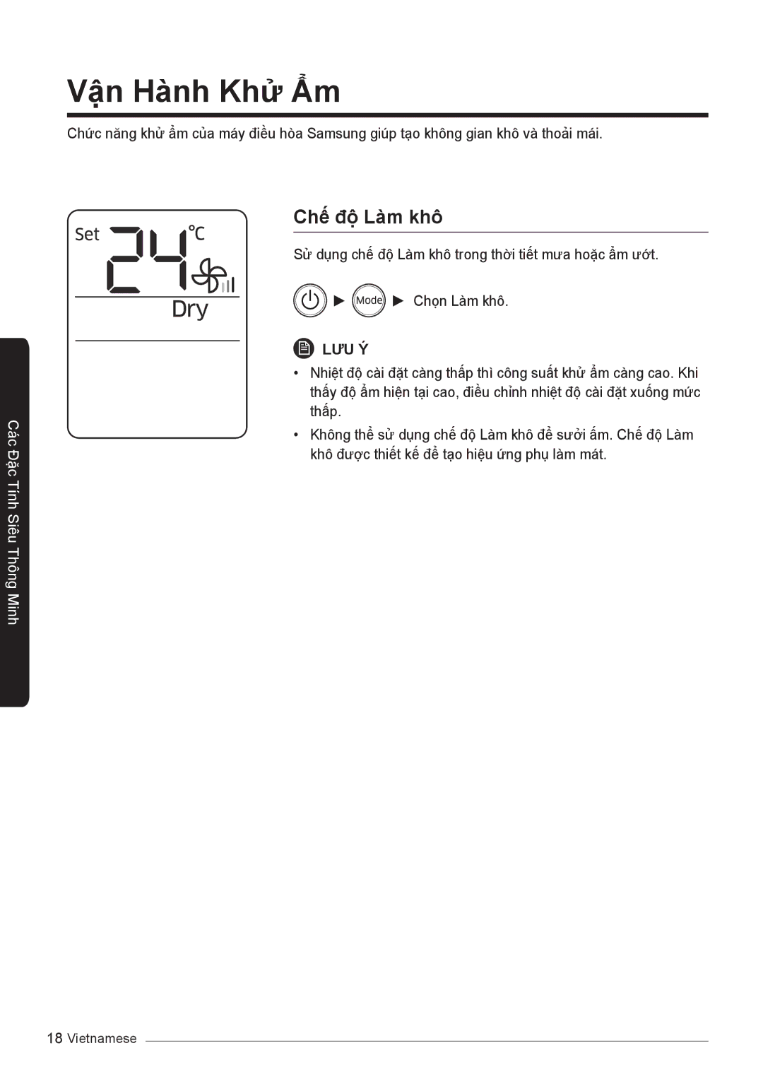 Samsung AR12KVFSCURNSV, AR10KVFSCURNSV, AR13KVFSBWKNSV, AR18KVFSBWKNSV, AR18KSSNJWKNSV manual Vận Hành Khử Ẩm, Chế độ Làm khô 