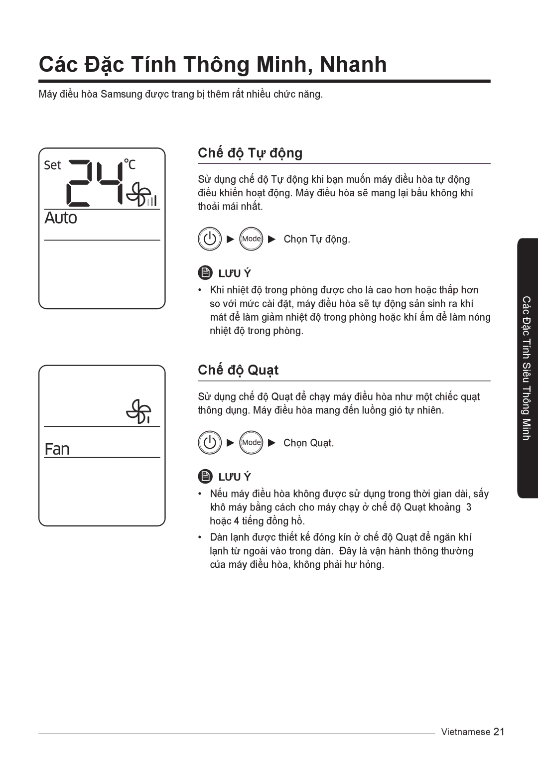 Samsung AR10KVFSCURNSV, AR13KVFSBWKNSV, AR18KVFSBWKNSV, AR18KSSNJWKNSV manual Các Đặc Tính Thông Minh, Nhanh, Chế độ Tự động 