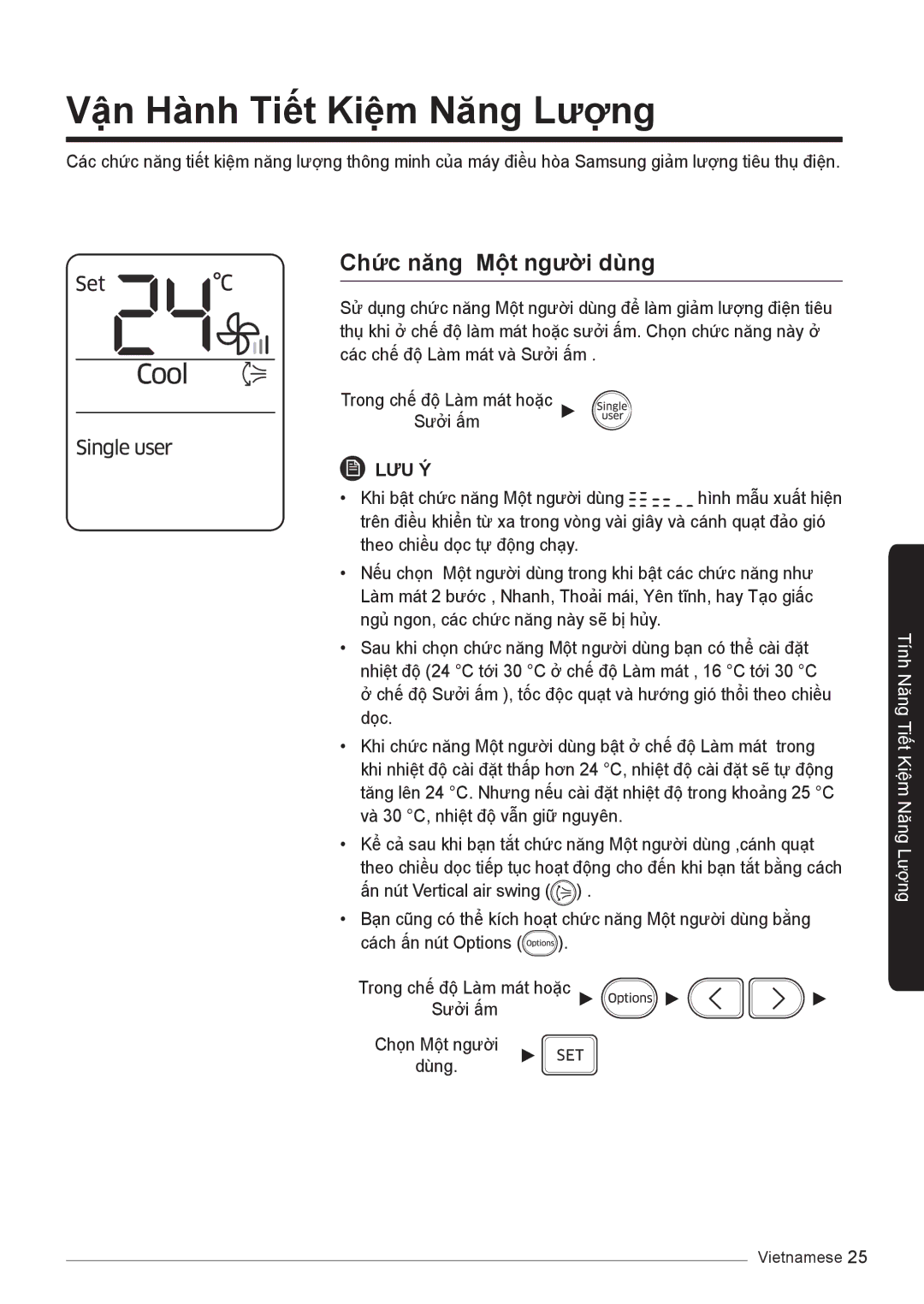 Samsung AR24KSSNJWKNSV, AR10KVFSCURNSV, AR13KVFSBWKNSV manual Vận Hành Tiết Kiệm Năng Lượng, Chức năng Một người dùng 