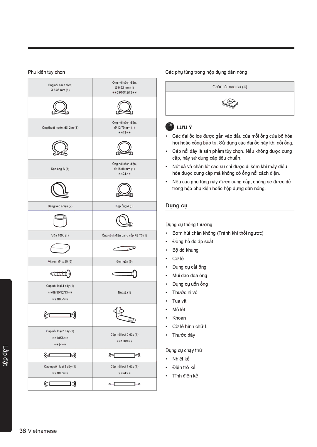 Samsung AR24KSSNJWKNSV, AR10KVFSCURNSV, AR13KVFSBWKNSV, AR18KVFSBWKNSV, AR18KSSNJWKNSV, AR09KSFNJWKNSV, AR10KVFSBWKNSV Dụng cụ 