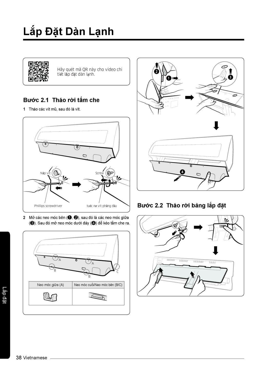 Samsung AR10KVFSBWKNSV, AR10KVFSCURNSV manual Lắp Đặt Dàn Lạnh, Bước 2.1 Tháo rời tấm che, Bước 2.2 Tháo rời bảng lắp đặt 