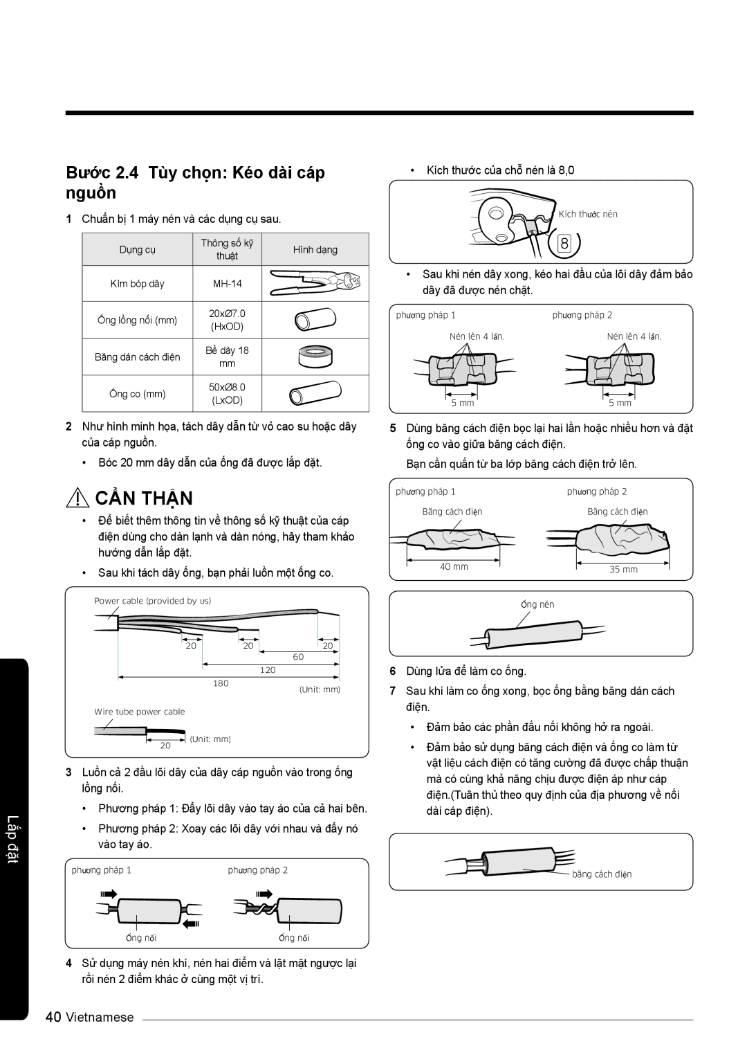 Samsung AR12KVFSCURNSV, AR10KVFSCURNSV manual Bước 2.4 Tùy chọn Kéo dài cáp nguồn, Chuẩn bị 1 máy nén và các dụng cụ sau 