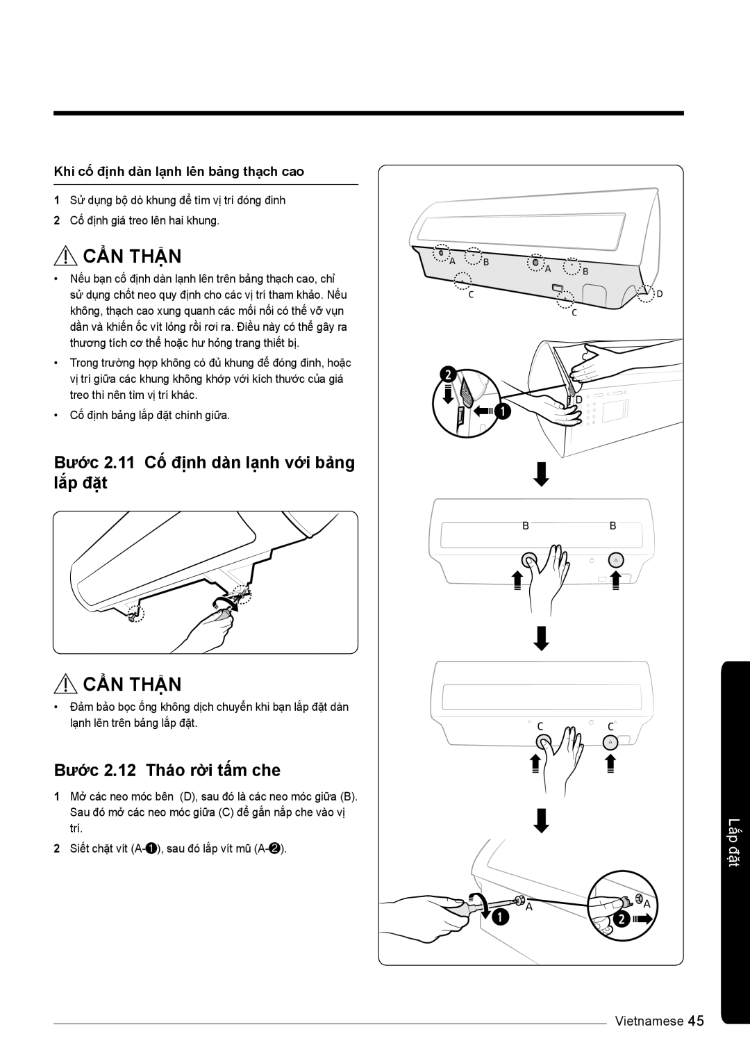 Samsung AR18KVFSBWKNSV, AR10KVFSCURNSV manual Bước 2.11 Cố định dàn lạnh với bảng lắp đặt, Bước 2.12 Tháo rời tấm che 