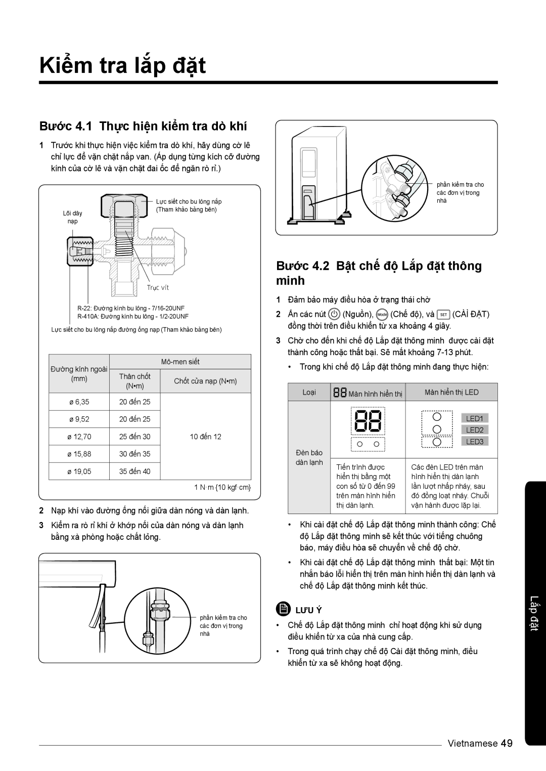 Samsung AR10KVFSBWKNSV manual Kiểm tra lắp đặt, Bước 4.1 Thực hiện kiểm tra dò khí, Bước 4.2 Bật chế độ Lắp đặt thông, Minh 