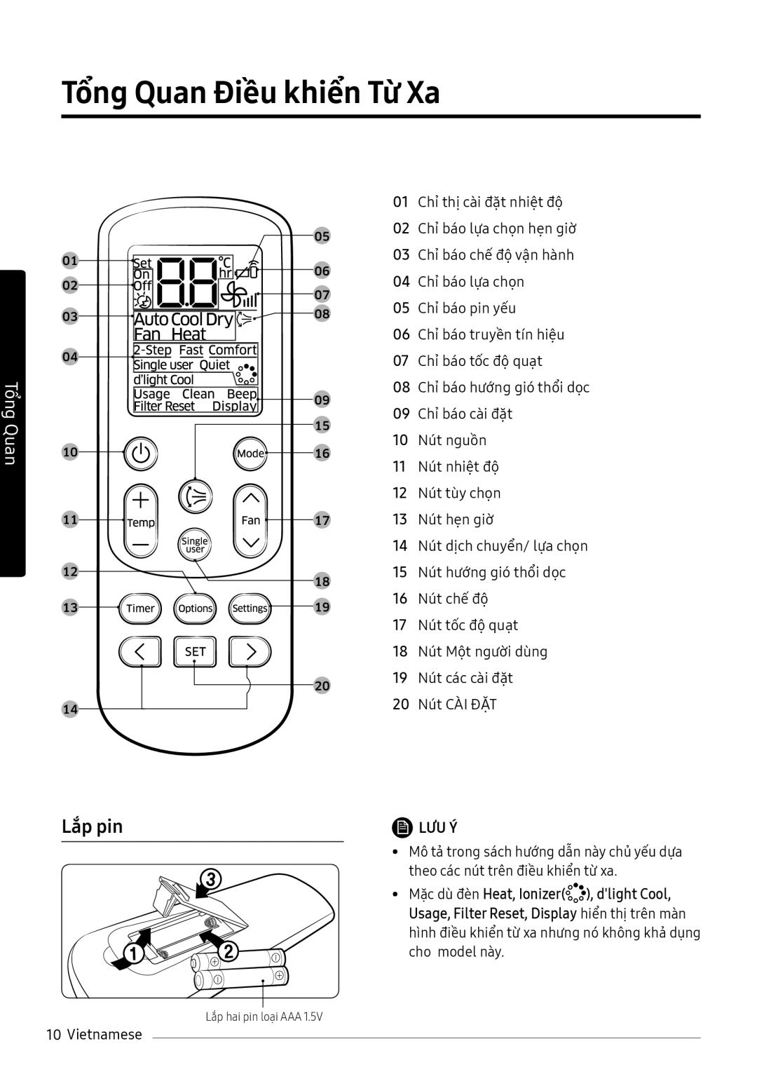 Samsung AR10NVFHGWKNSV, AR10MVFHGWKNSV, AR10NVFHGWKXSV, AR13MVFHGWKNSV manual Tổng Quan Điều khiển Từ Xa, Lắp pin, Lưu Ý 