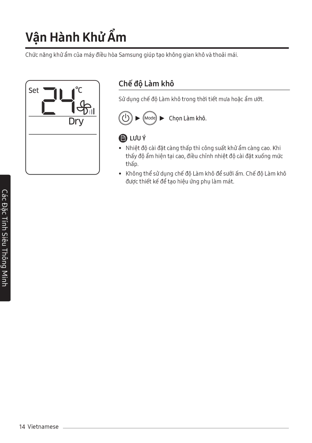 Samsung AR24MVFHGWKXSV, AR10MVFHGWKNSV, AR10NVFHGWKNSV, AR10NVFHGWKXSV manual Vận Hành Khử Ẩm, Chế độ Làm khô, Chọn Làm khô 
