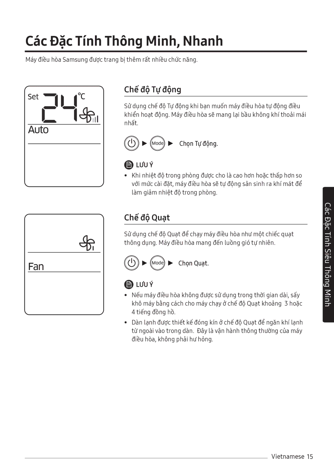 Samsung AR18MVFHGWKNSV manual Các Đặc Tính Thông Minh, Nhanh, Chế độ Tự động, Chế độ Quạt, Chọn Tự động, Chọn Quạt 