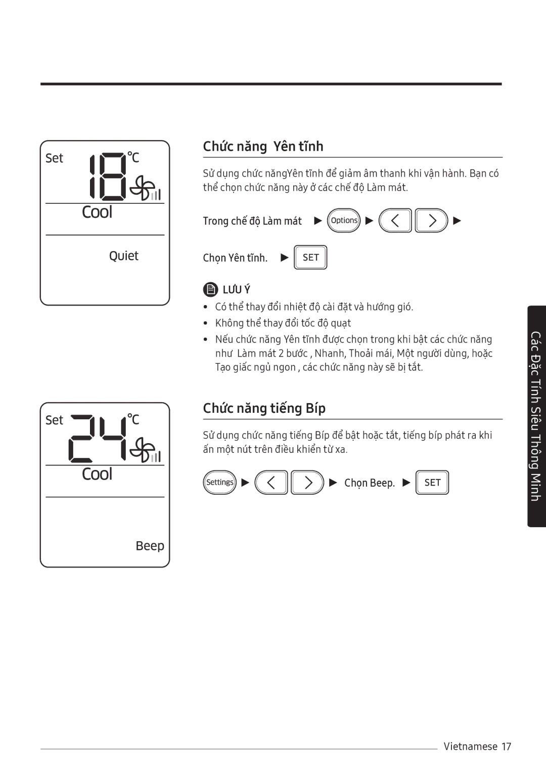 Samsung AR13MVFHGWKXSV manual Chức năng Yên tĩnh, Chức năng tiếng Bíp, Trong chế độ Làm mát Chọn Yên tĩnh, Chọn Beep 