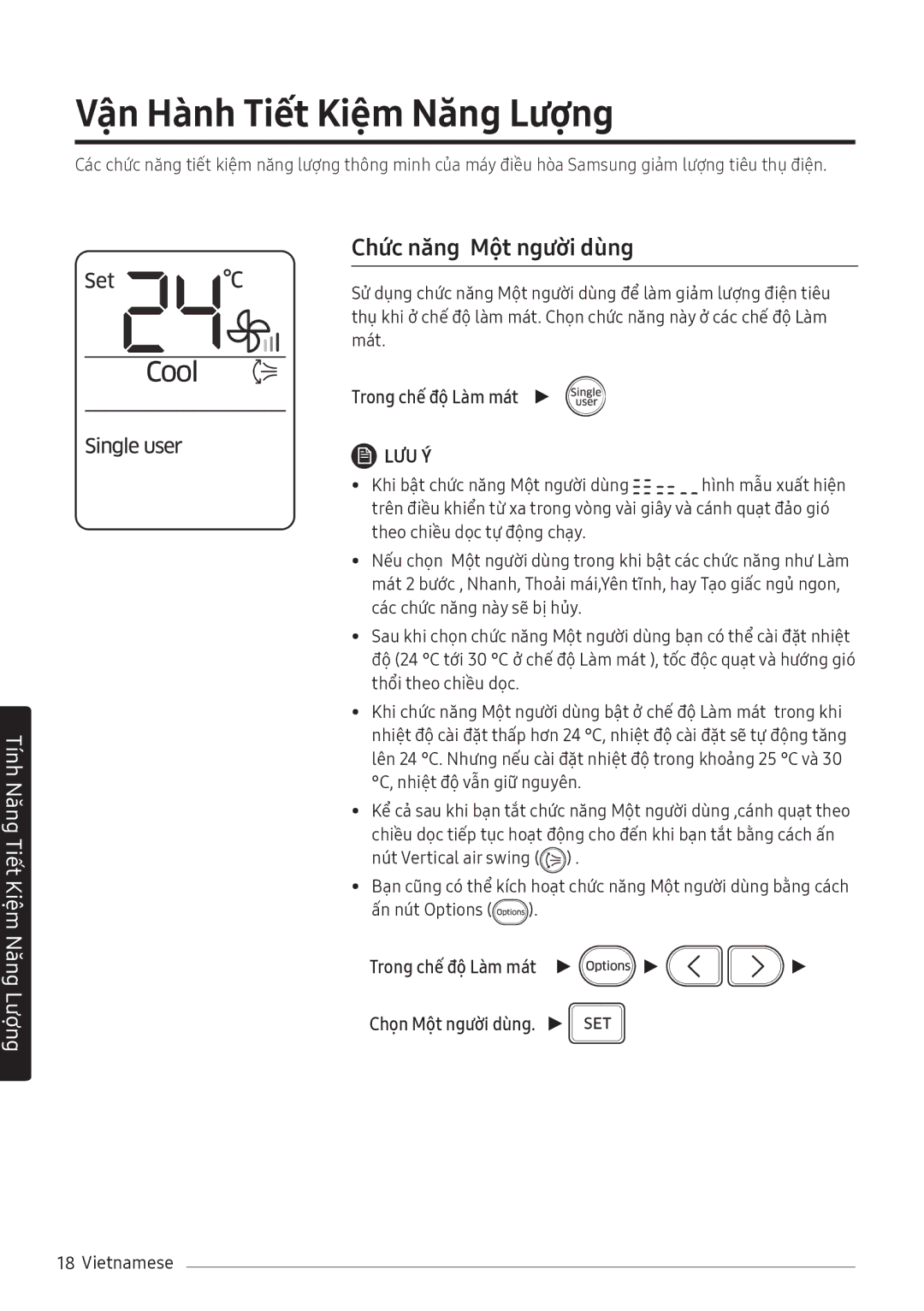 Samsung AR10MVFHGWKNSV, AR10NVFHGWKNSV manual Vận Hành Tiết Kiệm Năng Lượng, Chức năng Một người dùng, Trong chế độ Làm mát 