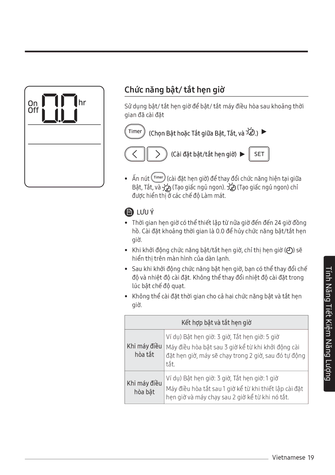 Samsung AR10NVFHGWKNSV manual Chức năng bật/ tắt hẹn giờ, Chọn Bật hoặc Tắt giữa Bật, Tắt, và Cài đặt bật/tắt hẹn giờ 