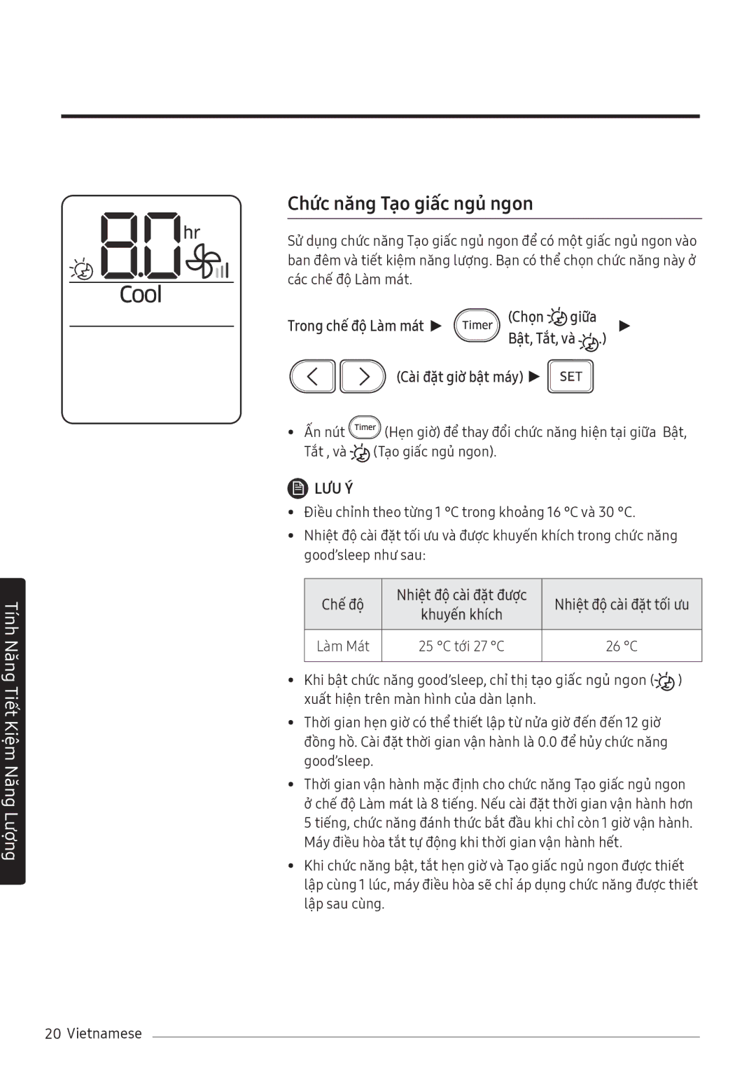 Samsung AR10NVFHGWKXSV, AR10MVFHGWKNSV, AR10NVFHGWKNSV, AR13MVFHGWKNSV, AR24MVFHGWKNSV manual Chức năng Tạo giấc ngủ ngon 