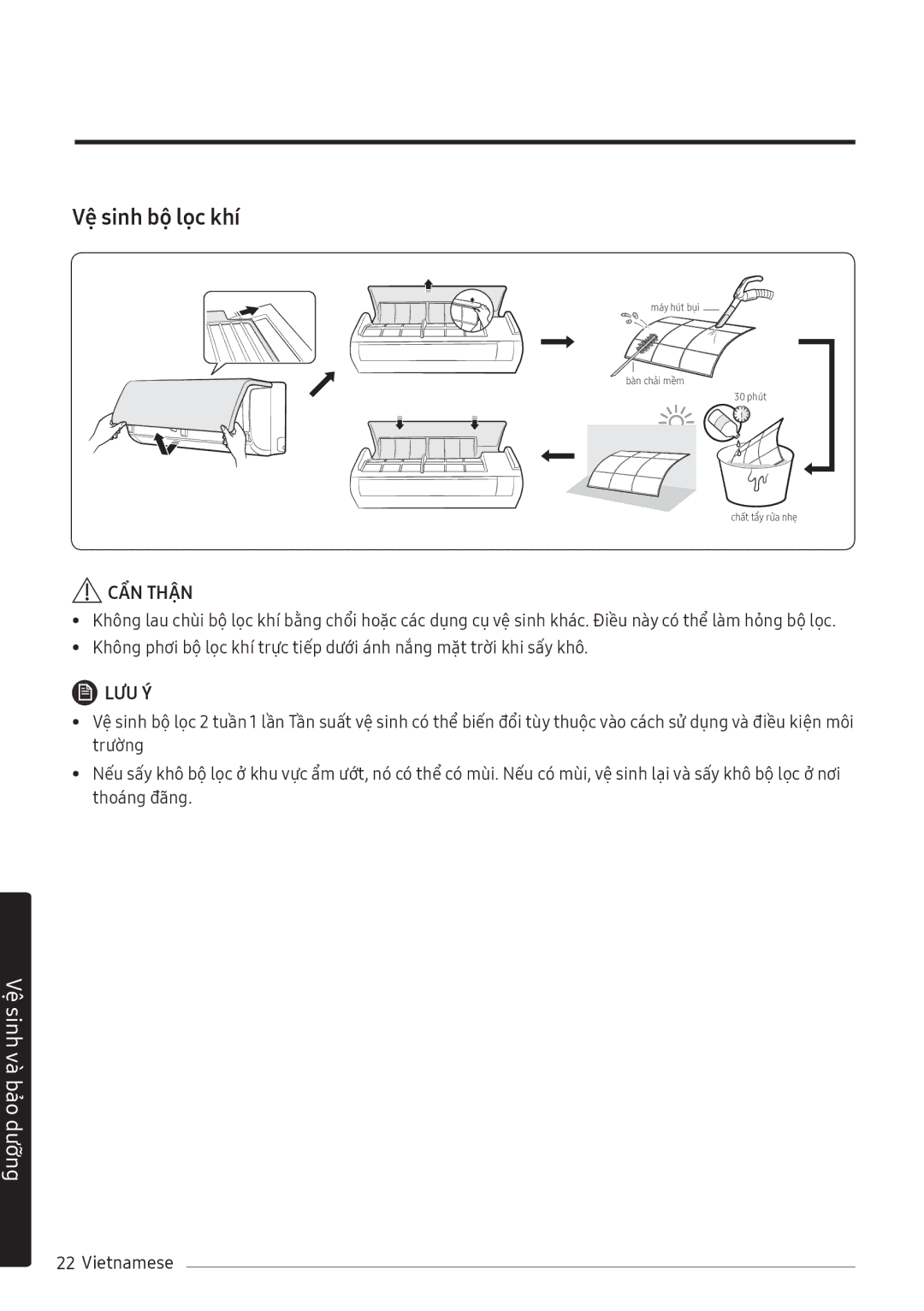 Samsung AR24MVFHGWKNSV, AR10MVFHGWKNSV, AR10NVFHGWKNSV, AR10NVFHGWKXSV, AR13MVFHGWKNSV, AR24MVFHGWKXSV manual Vệ sinh bộ lọc khí 