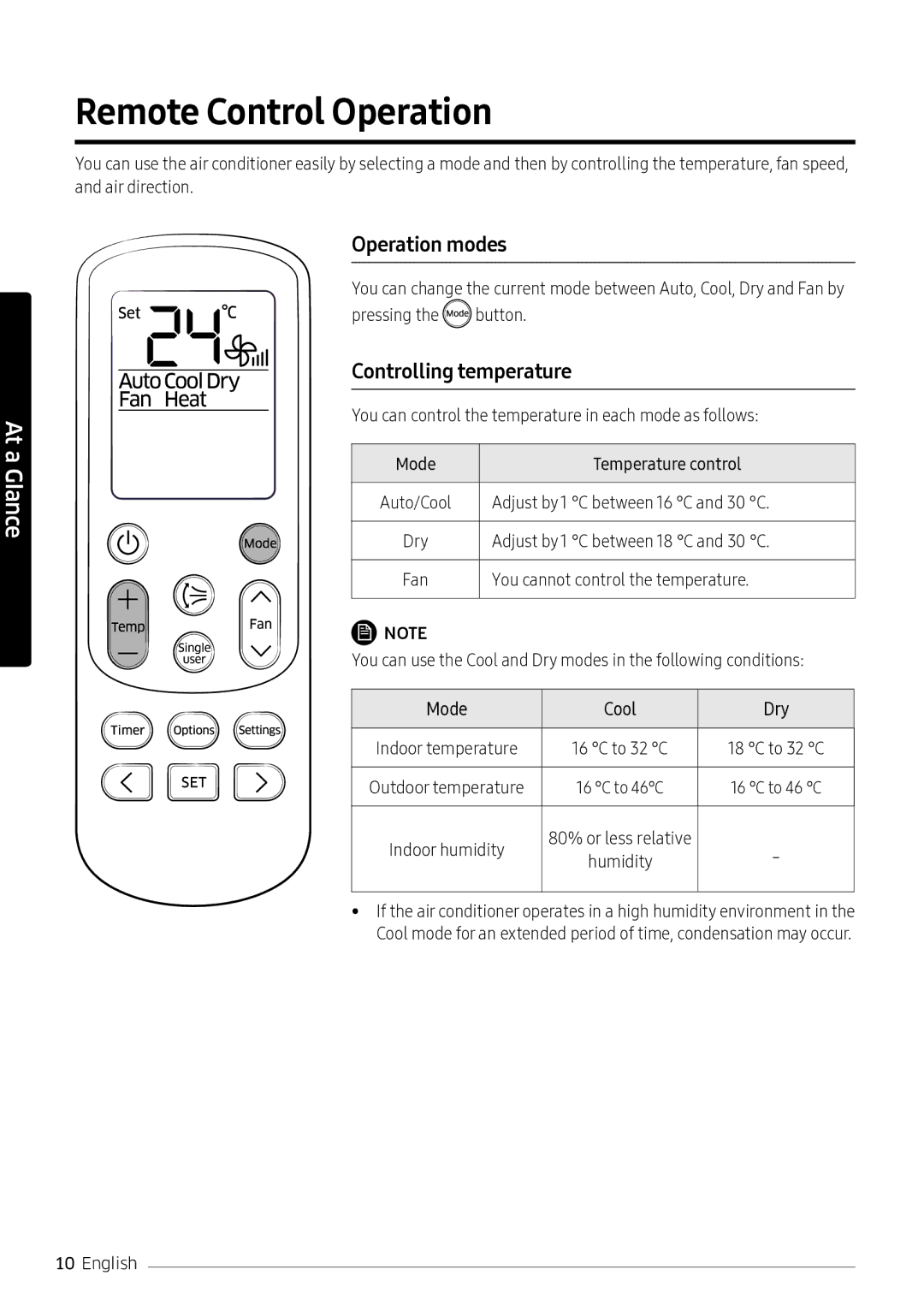 Samsung AR10NVFSCURNSV manual Remote Control Operation, Operation modes, Controlling temperature 