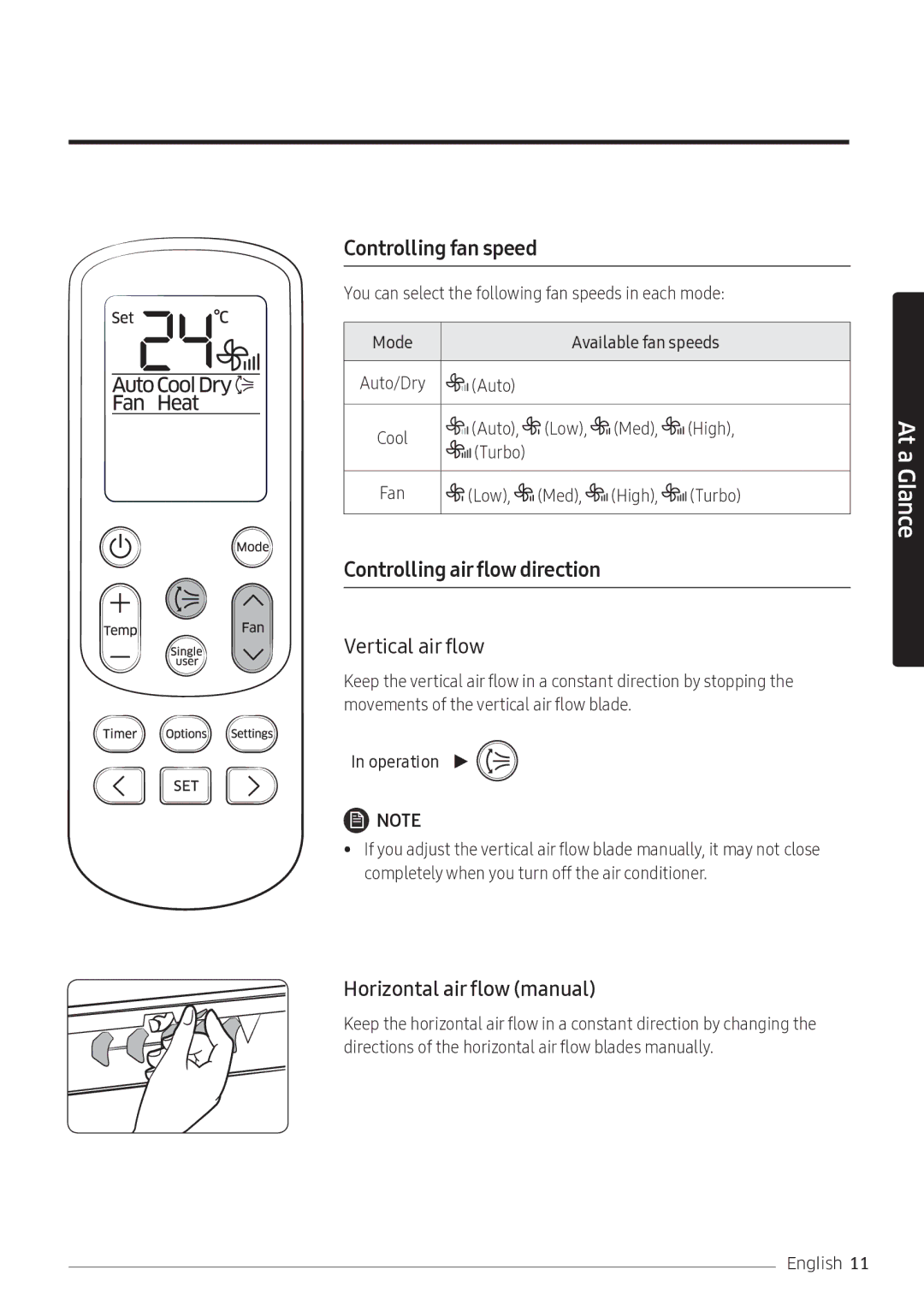 Samsung AR10NVFSCURNSV Controlling fan speed, Controlling air flow direction, Horizontal air flow manual 